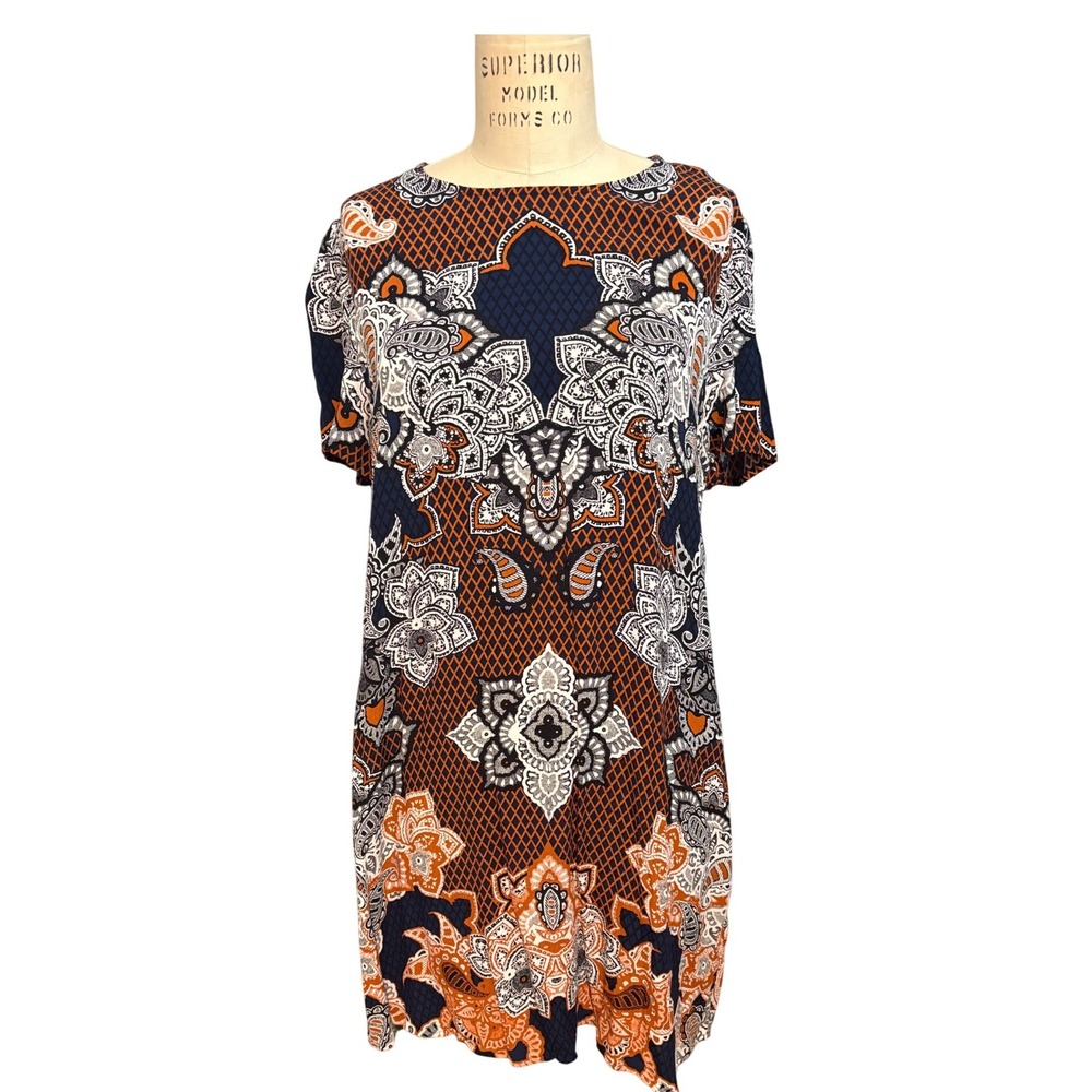 5 for $45 Boho Paisley Print Shift Dress Short Sleeve Zip Back Casual Small